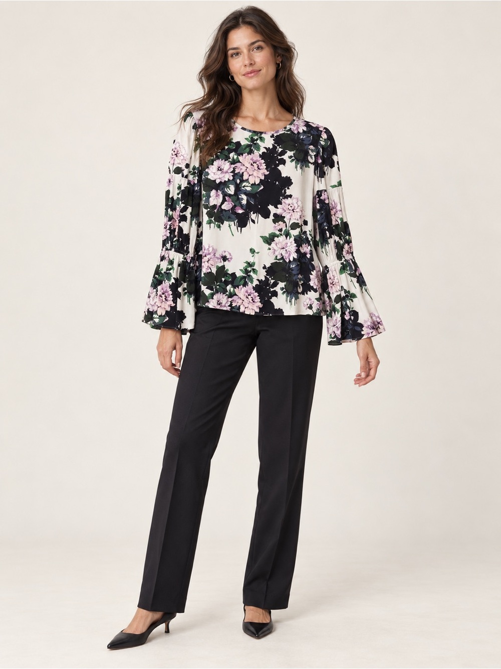 Club Monaco Women Purple White Floral Bell Long Sleeve Blouse Office Work Wear
